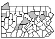 Map of Counties in the Northern Region: Blair, Cambria, Centre, Erie, Lackawanna, Luzerne, Lycoming, Mercer